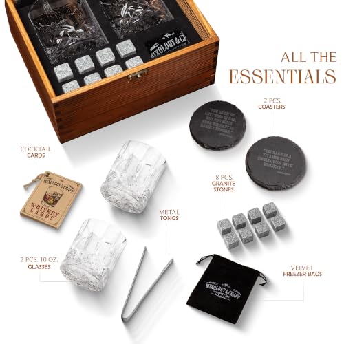 Mixology & Craft Whiskey Stones Gift Set with 2 Crystal Glasses, Slate Coasters & Recipe Cards