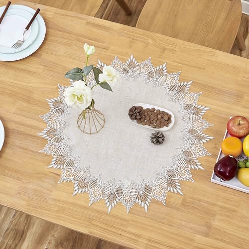 Natural Linen Doily 24" Round Beige Lace Coffee Table Topper