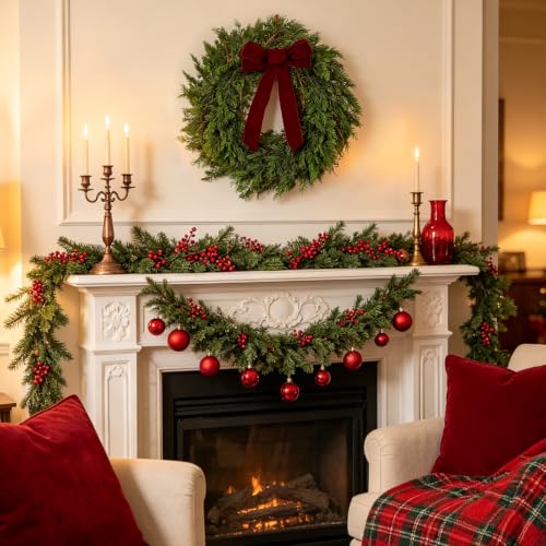 DN Deconation 22in Christmas Wreath with Green Foliage & Burgundy Velvet Bow — Front Door