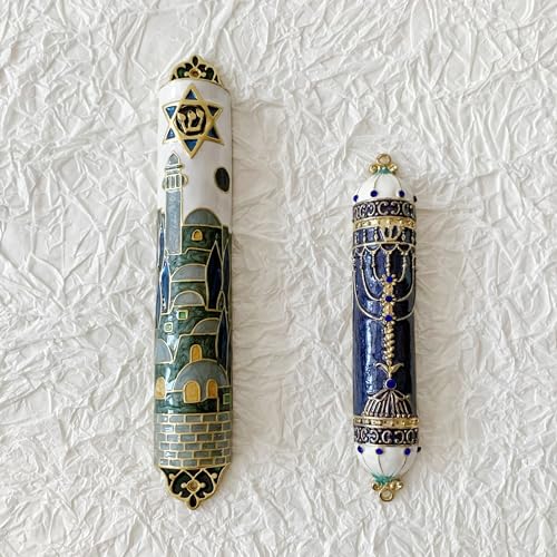 Hand-Painted Enamel Mezuzah Case with Star of David and Jerusalem Motifs