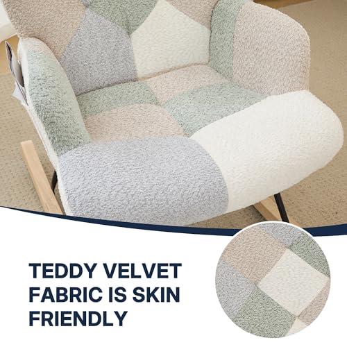 Teddy Upholstered Rocking Chair with Storage Pocket and High Backrest