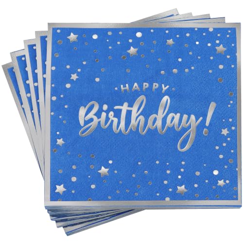 Vuzvuv Confetti HBD Blue 52 Pack Happy Birthday Cocktail Napkins 3-Ply, Silver Foil, 5" Folded, Party Supplies