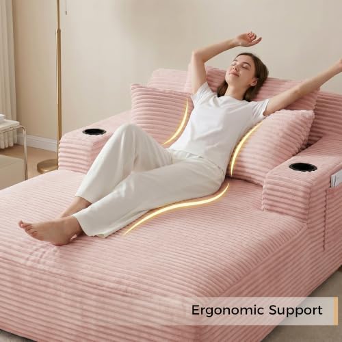 66" Oversized Corduroy Chaise Lounge Chair with Cup Holders and Storage