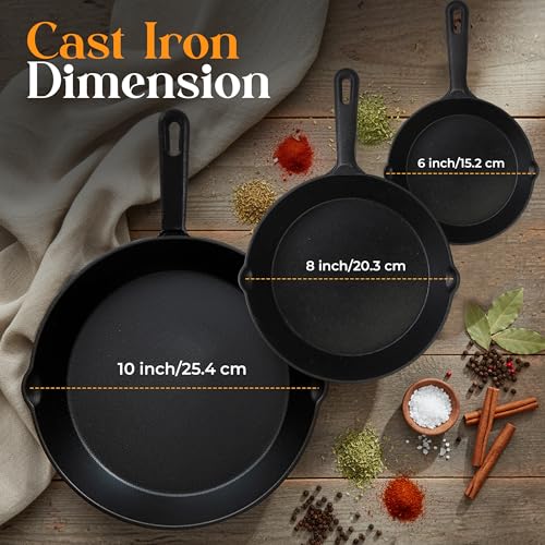 Pre-Seasoned Cast Iron Skillet Set - 3-Piece (6, 8 & 10 Inch) Oven Safe Pans