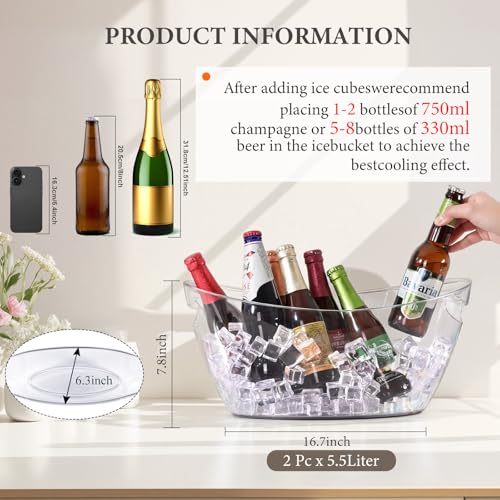 Tchrules Clear 5.5L Ice Bucket Set for Parties with Scoops - 2 Pcs
