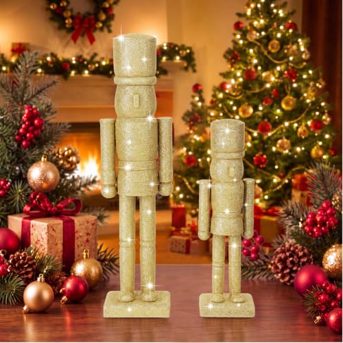Vicenpal 15in & 10in Gold Glitter Nutcrackers Set - Wooden Christmas Soldier Figurines (2 Pcs)