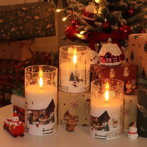 SNUGBLAKI White Snowman Flameless Christmas Candles with Remote, 3D Wick Real Wax in Glass