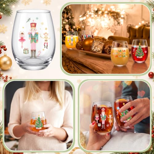 Potchen 4-Pack Pink Nutcracker Stemless Wine Glasses 18oz Christmas Decor