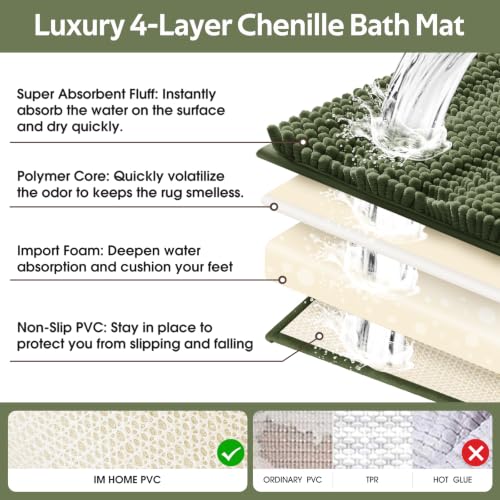 ACCUMTEK Olive Green U Shape & Rectangular Bathroom Rug Set - Plush Chenille Non Slip Bath Mats, 24x20 & 48x20 Inches