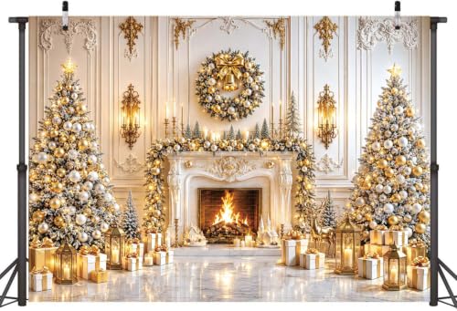 8x6FT White Gold Christmas Fireplace Backdrop | Winter Wonderland Photo Background