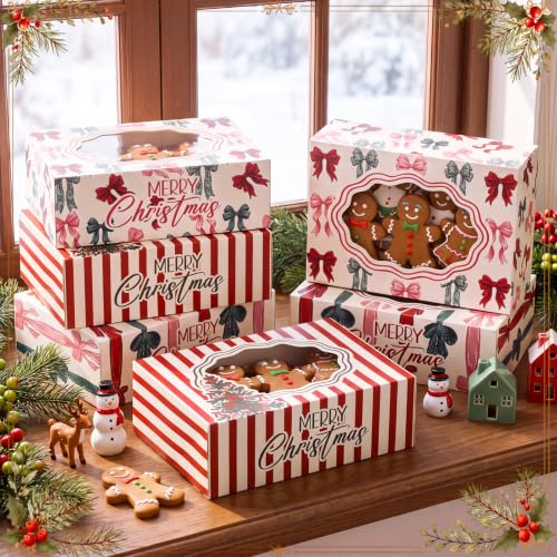 Eaasty 24 Pack Christmas Cookie Boxes with Window & Bows - Bulk Gift Packaging