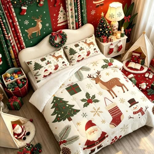Kids Christmas Comforter Set Full - DJNEAR Santa Snowman Bedding 79x90in