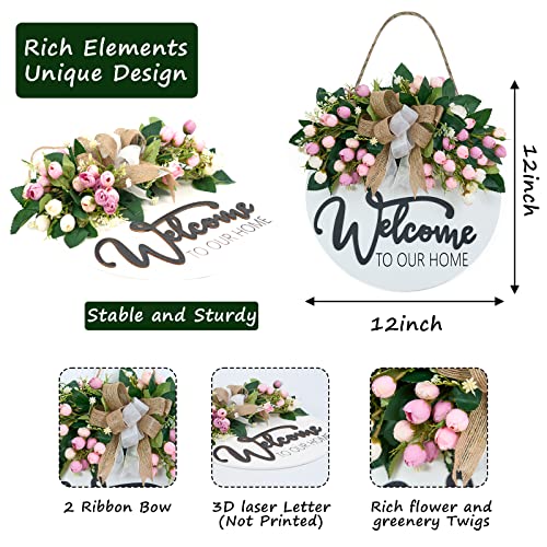 13-Inch Farmhouse Welcome Wreath with Pink Flowers for Front Door Decor