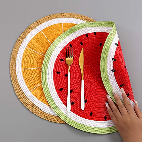 Zupro Round Watermelon Placemats Set of 4 - 15 inch Braided Indoor/Outdoor