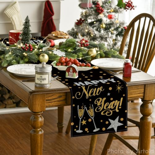 Artoid Mode Cheers Black and Gold Happy New Year Table Runner 13 x 72 Inch Holiday Decor