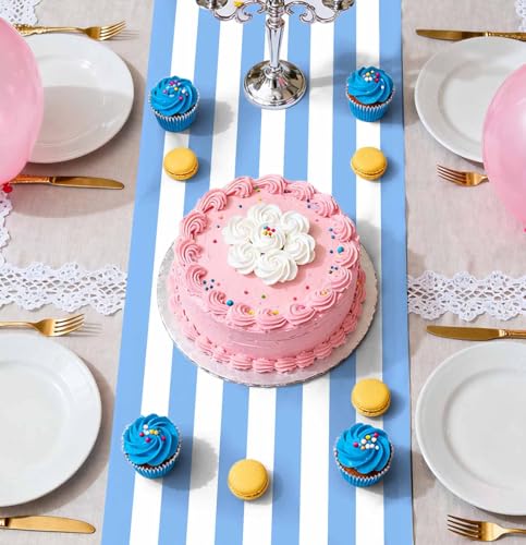 Blue Striped Disposable Table Runners - 6 Pcs 14x108in for Weddings & Parties