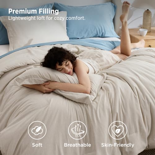Queen Comforter Set - 3-Piece Soft All-Season Beige Bed Set with Pillow Shams