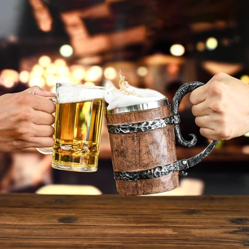 Ocean Ice 19oz Vintage Wooden Barrel Beer Mug - Double Wall Freezer-safe Tankard