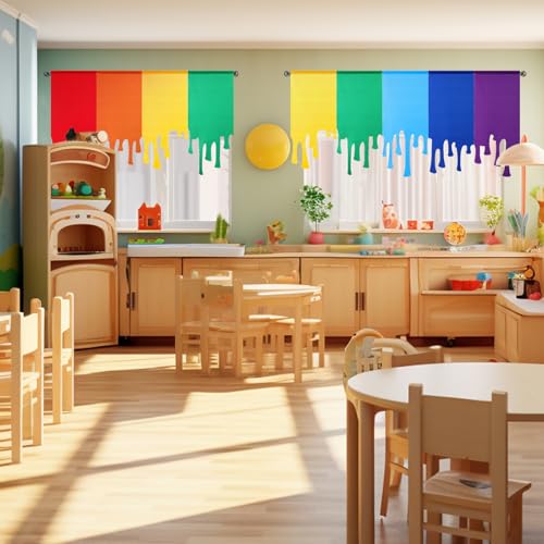 Rainbow Paint Drip Curtains, 7-Piece Colorful Classroom Window Drapes