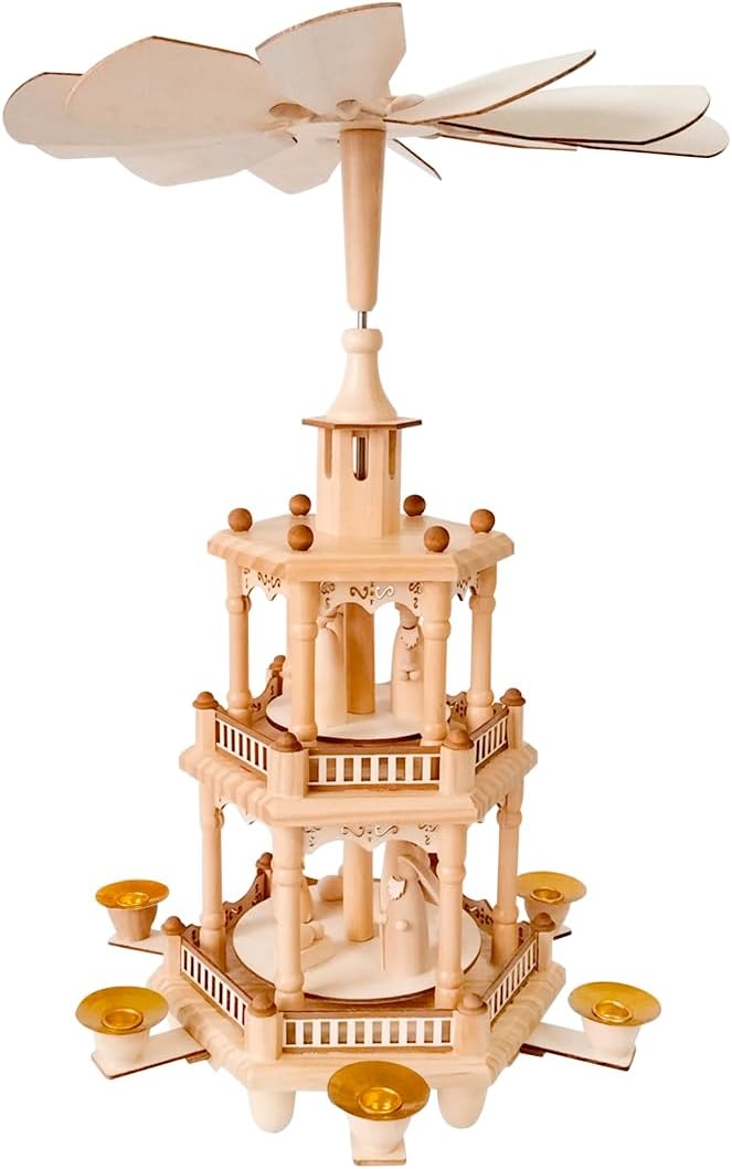 Rotating Christmas Pyramids | 17-Inch Wooden Nativity Scene with 6 Candle Holders - 3-Tier Carousel
