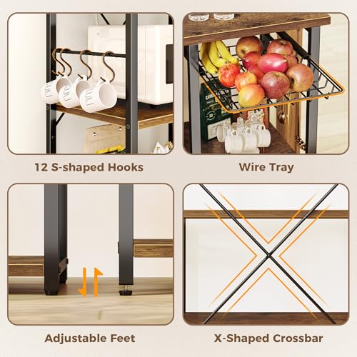 Large 6-Tier Bakers Rack with Power Outlets & Microwave Stand - Rustic Brown
