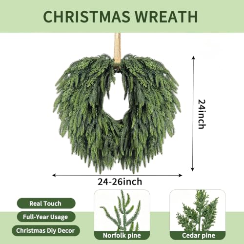 Christmas Wreath for Front Door - Artificial Norfolk Pine & Cedar, Green, 24 Inch