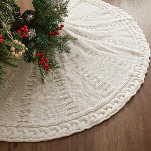 48 Inch Cable Knit Christmas Tree Skirt - Cream White Rustic Farmhouse Decor