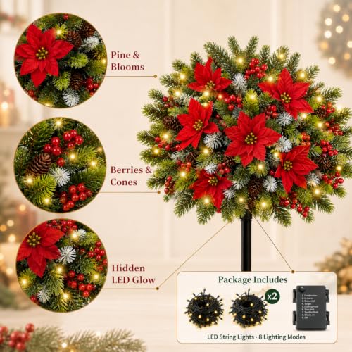 2 Pieces Christmas Urn Filler with Pre-Lit Artificial Poinsettia & Lights