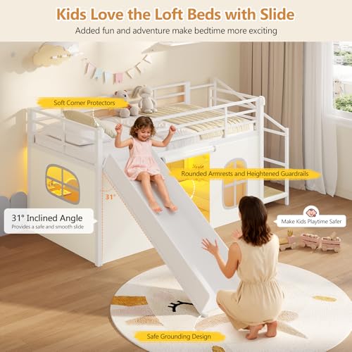 Twin Low Loft Bed with Slide, Storage Stairs, Desk, and Secret Fort