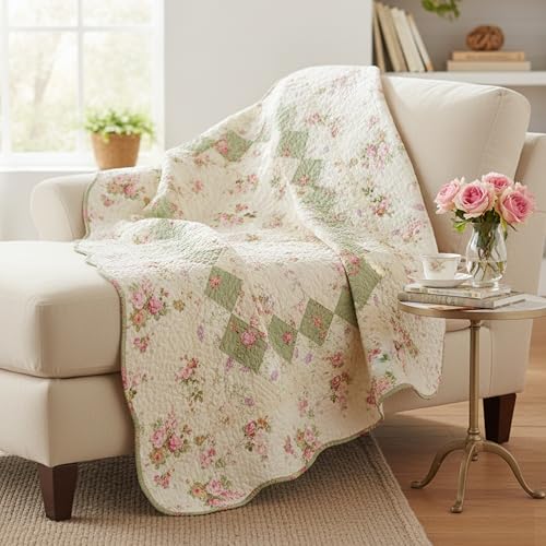 100% Cotton Patchwork Throw Quilt - Floral Design, 50 x 60 inches