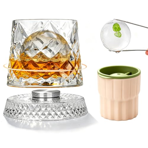 GOWARM Pattern 2 360° Rotating Whiskey Glass Set with Ice Ball Mold, Clear Bourbon & Scotch Glassware for Men, Gift Idea