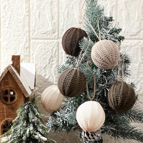 VioraWhite 12 Pack Neutral Christmas Crochet Ball Ornaments 2.36 Inch - Light Beige, Tan, Brown, White