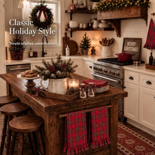 Red Plaid 4-Piece Christmas Kitchen Towels with Ruffles - 18x30 inches