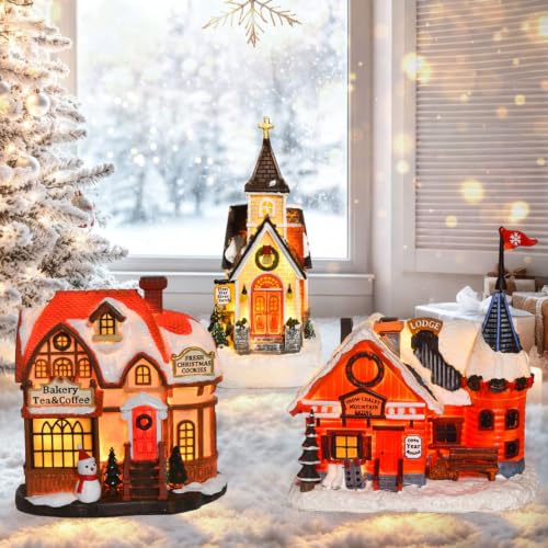 Lighted Christmas Village Sets 3 Resin Houses with LED Lights, Holiday Decor