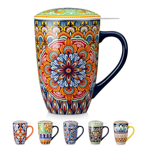 Vancasso Burnt-Cobalt Mandala Ceramic Tea Mug with Infuser & Lid, 18oz