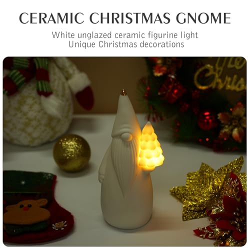 Lighted White Ceramic Christmas Gnome Figurine with Timer, 7.5-Inch
