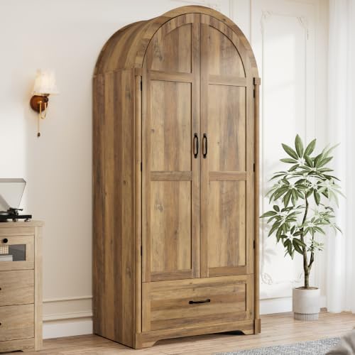 71" Arched Wooden Wardrobe Armoire with Mirror, Drawers, and Hanging Rod