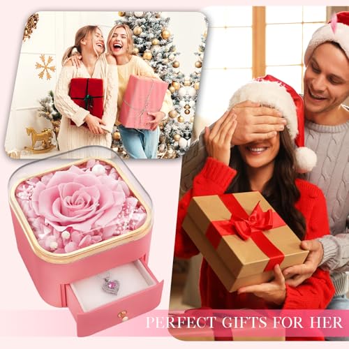 Preserved Real Rose and Heart Necklace Gift Box for Anniversary Birthday