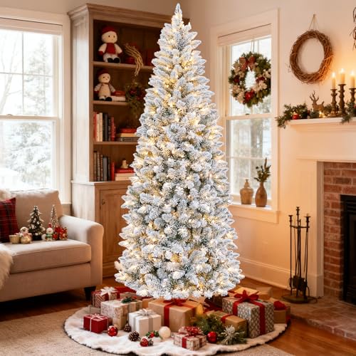 Slim Snow Flocked 6ft Christmas Tree with 200 LED Lights & 10 Modes - Prelit, Hinged Design