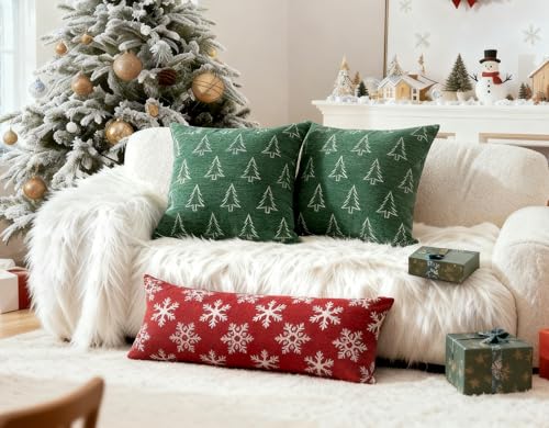 20x20 Reversible Christmas Pillow Covers Set of 2 - Green Snowflake & Tree
