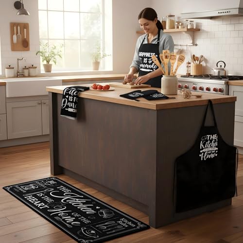 17-Piece Black and White Kitchen Decor Set with Aprons, Rugs, and Utensils