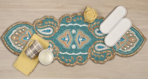 Lightnpro Teal Gold Beaded Paisley Table Runner 13x36 Christmas Decor