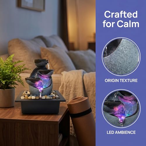 Indoor Tabletop Water Fountain with LED Lights & Pebbles for Desk