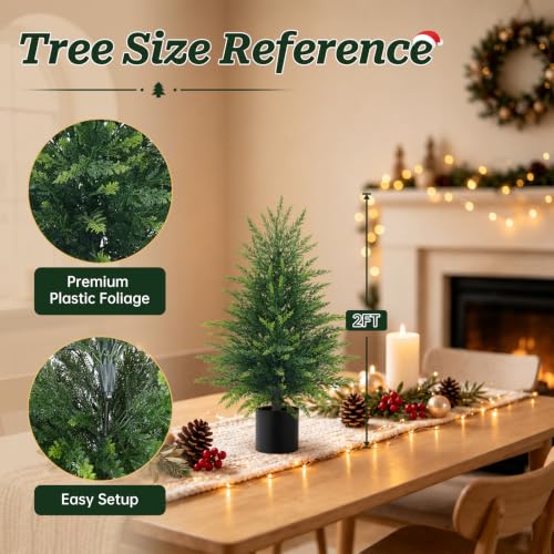 Yangrass 2 Pack 2FT Artificial Cedar Topiary Trees with Pots for Outdoor Front Porch