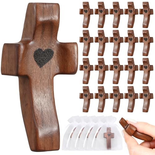 30pcs Handcrafted Walnut Wood Pocket Crosses for Prayer and Stress Relief
