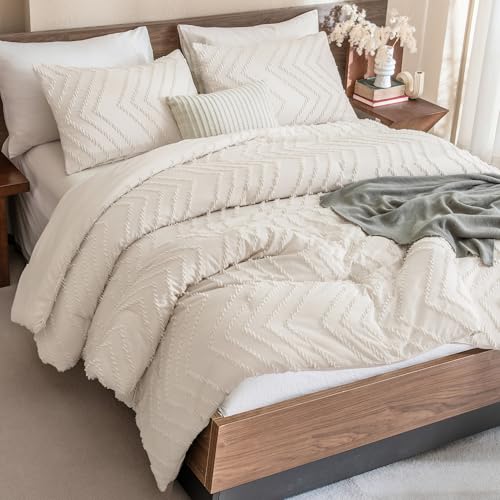 Beige Queen Comforter Set - 3 Piece Soft Boho Tufted Chevron Bedding