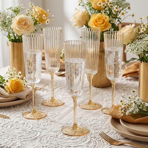 Jingmore 48 Pcs Gold Plastic Ribbed Champagne Flutes 6.4 oz for Parties