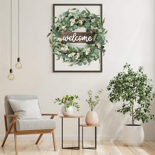 20-Inch Artificial Eucalyptus Wreath with Welcome Sign for Front Door
