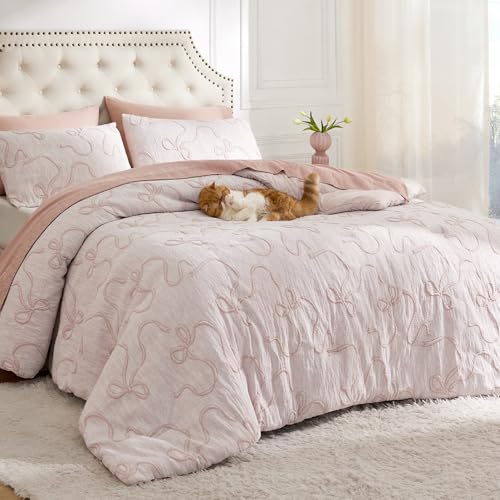 Pink Comforter Set Queen - 3 Pieces Breathable Bow Design