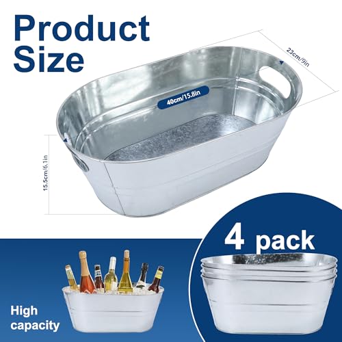 Galvanized Beverage Tubs - 4 Pack, 3 Gallon Ice Buckets for Parties & Drinks